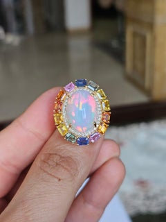 Set in 18K Gold, Ethiopian Opal, Multi Sapphires & Diamonds Engagement Ring