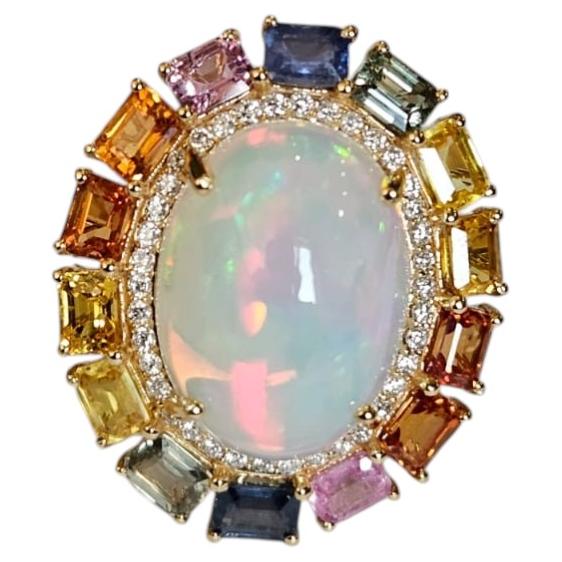 Bague de fiançailles en or 18 carats, opale éthiopienne, saphirs multiples et diamants