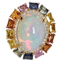 Set in 18K Gold, Ethiopian Opal, Multi Sapphires & Diamonds Engagement Ring