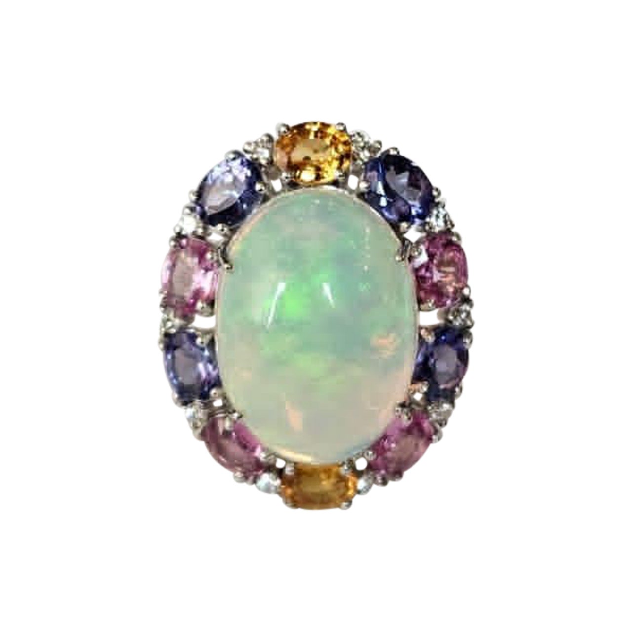 Anello a cupola con opale etiope, zaffiri multipli, tanzanite e diamanti incastonati in oro 18 carati in vendita