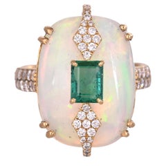 Set in 18K Gold, Ethiopian Opal, natural Zambian Emerald & Diamond Cocktail Ring