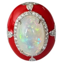 Anillo CúpulaCóctel Engastado en Oro de 18K, Ópalo Etíope, Esmalte Naranja y Diamantes