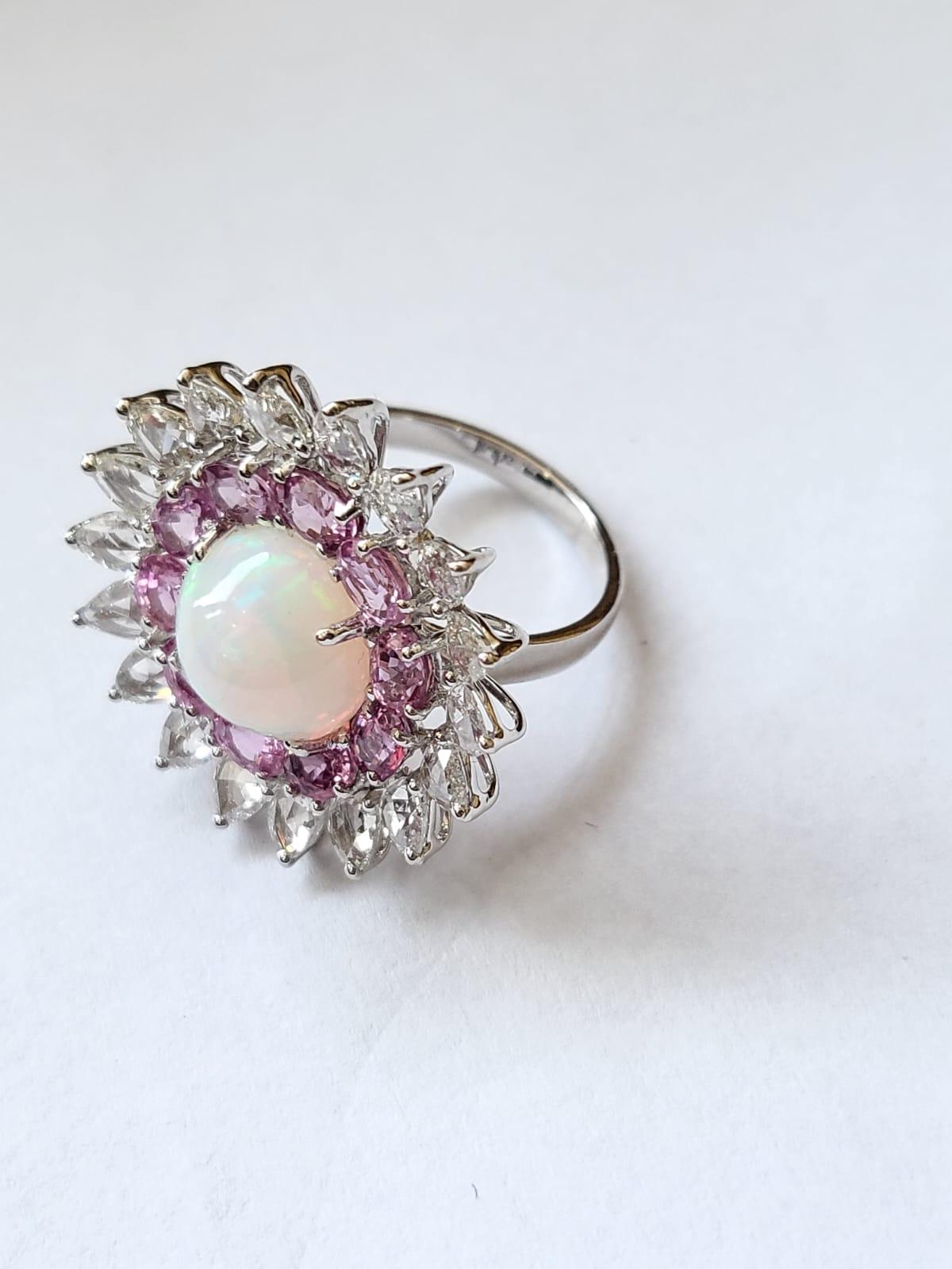 Modern Set in 18K Gold, Ethiopian Opal, Pink Sapphire & Rose Cut Diamonds Cocktail Ring