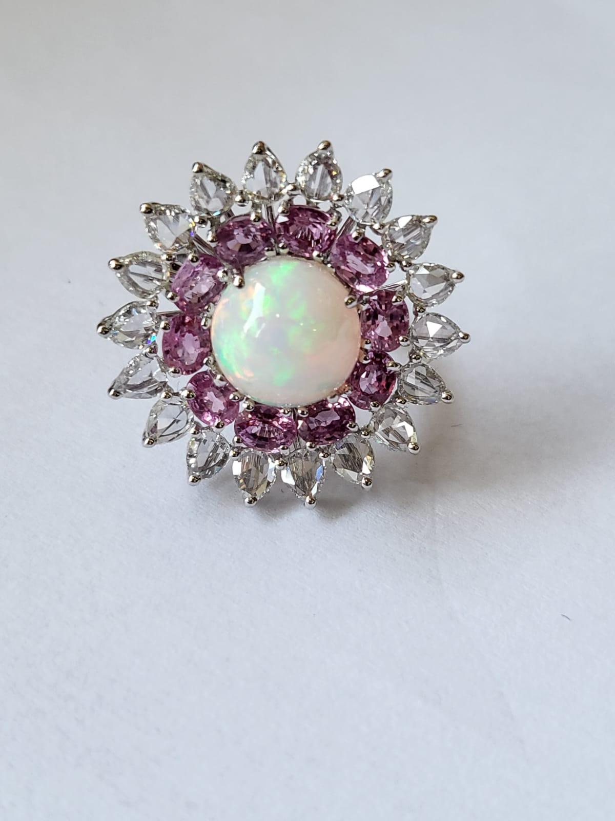 Set in 18K Gold, Ethiopian Opal, Pink Sapphire & Rose Cut Diamonds Cocktail Ring In New Condition In Hong Kong, HK