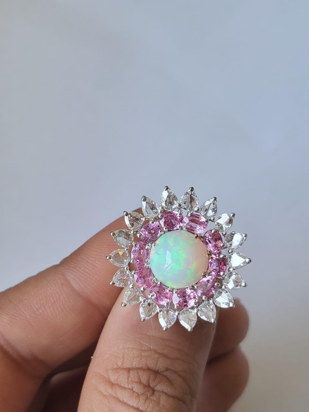 Set in 18K Gold, Ethiopian Opal, Pink Sapphire & Rose Cut Diamonds Cocktail Ring 1