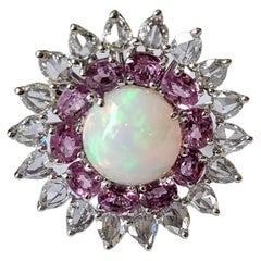 Set in 18K Gold, Ethiopian Opal, Pink Sapphire & Rose Cut Diamonds Cocktail Ring