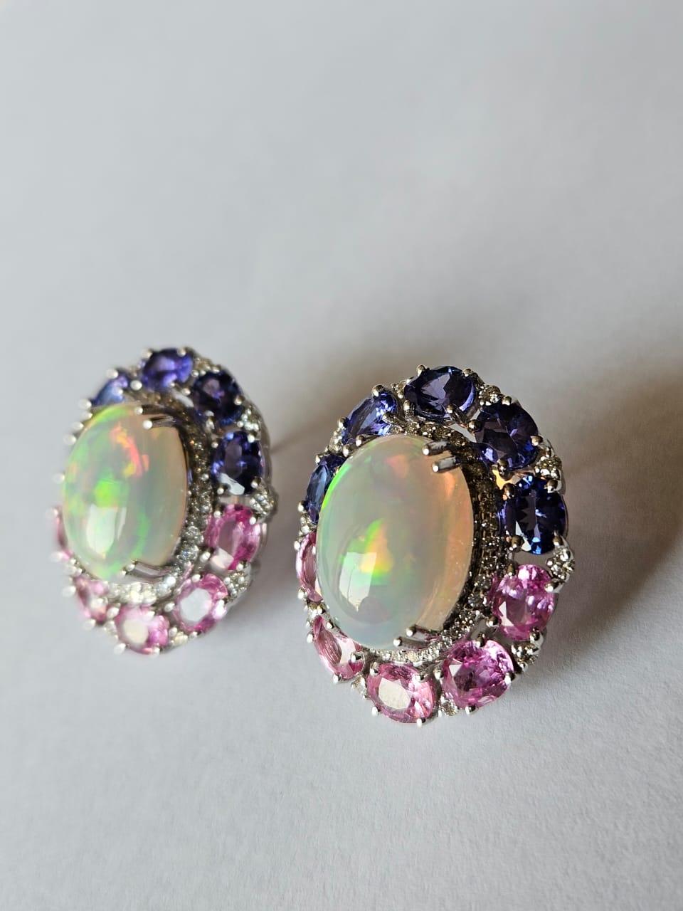 Modern Set in 18K Gold, Ethiopian Opal, Pink Sapphire, Tanzanite & Diamond Stud Earring For Sale