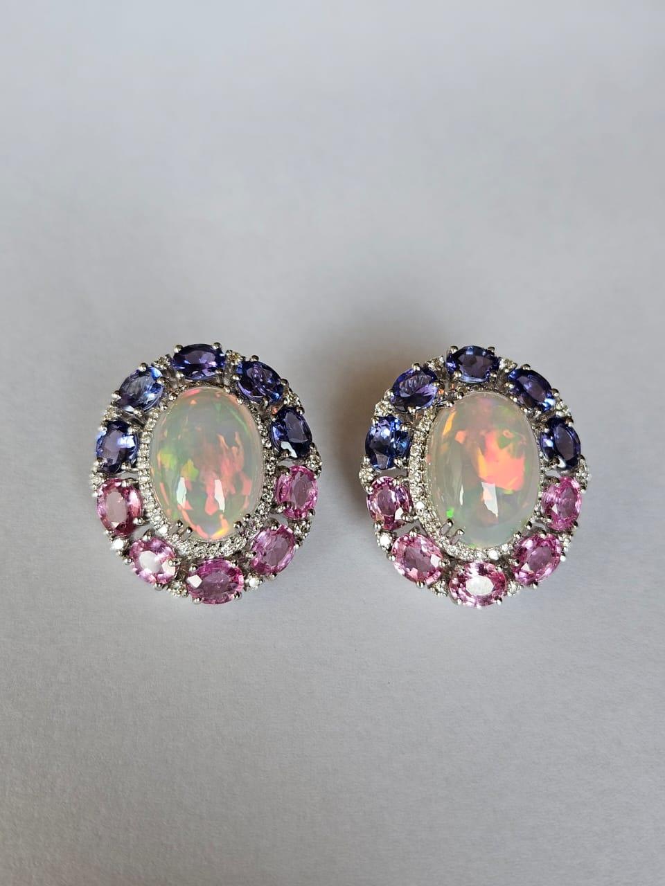Oval Cut Set in 18K Gold, Ethiopian Opal, Pink Sapphire, Tanzanite & Diamond Stud Earring For Sale