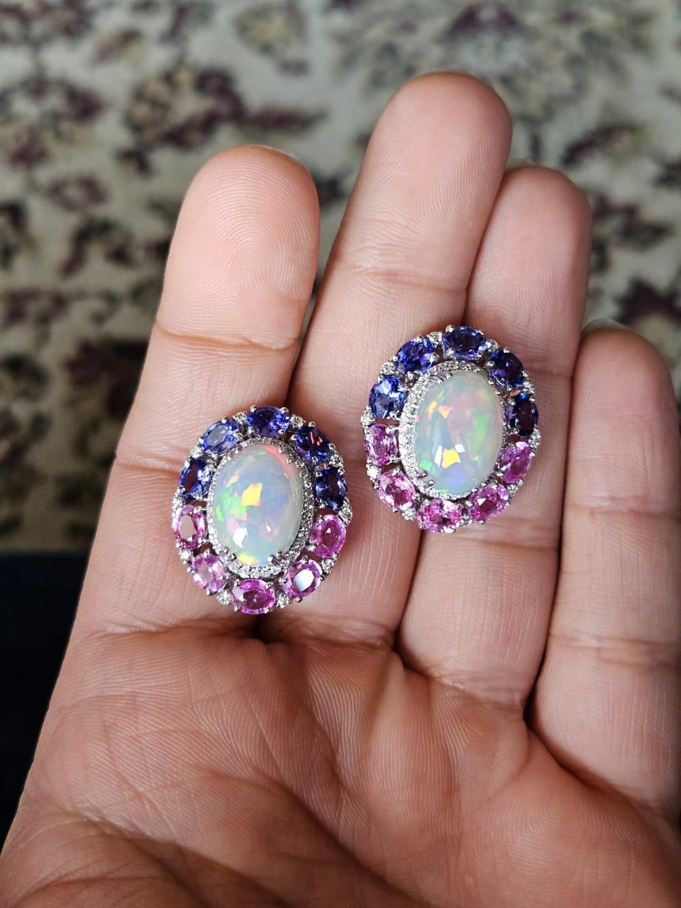 Set in 18K Gold, Ethiopian Opal, Pink Sapphire, Tanzanite & Diamond Stud Earring In New Condition For Sale In Hong Kong, HK