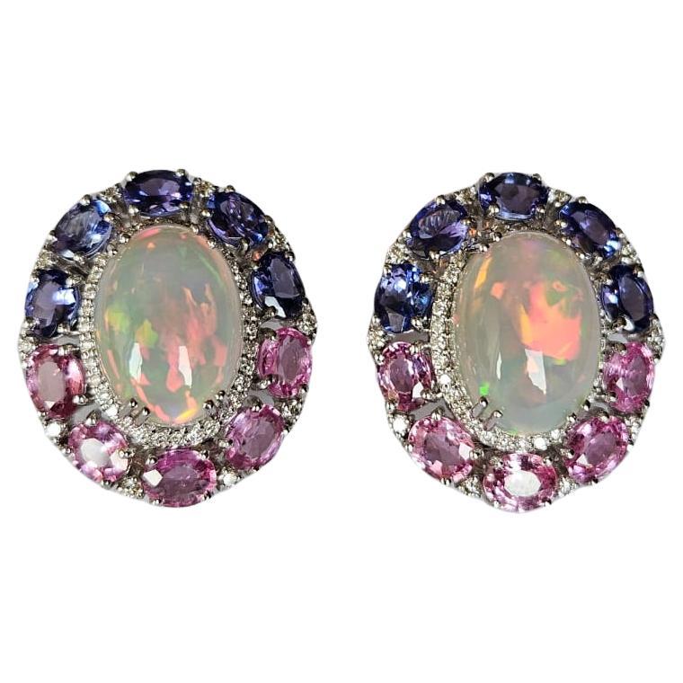 Set in 18K Gold, Ethiopian Opal, Pink Sapphire, Tanzanite & Diamond Stud Earring For Sale