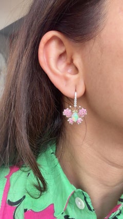 Set in 18K gold, Ethiopian Opal, Pink Sapphires & Diamonds Dangle Earrings