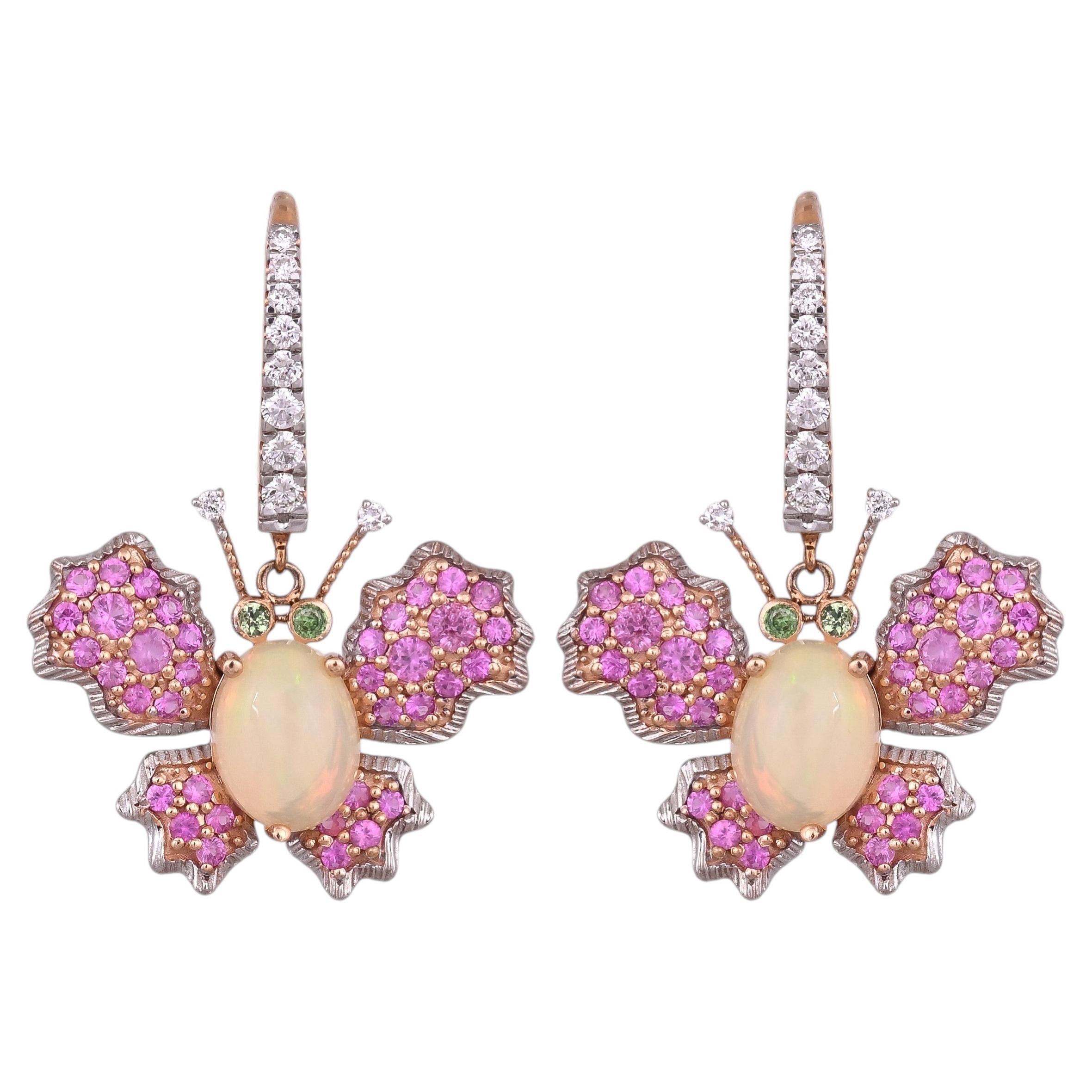 Set in 18K gold, Ethiopian Opal, Pink Sapphires & Diamonds Dangle Earrings For Sale