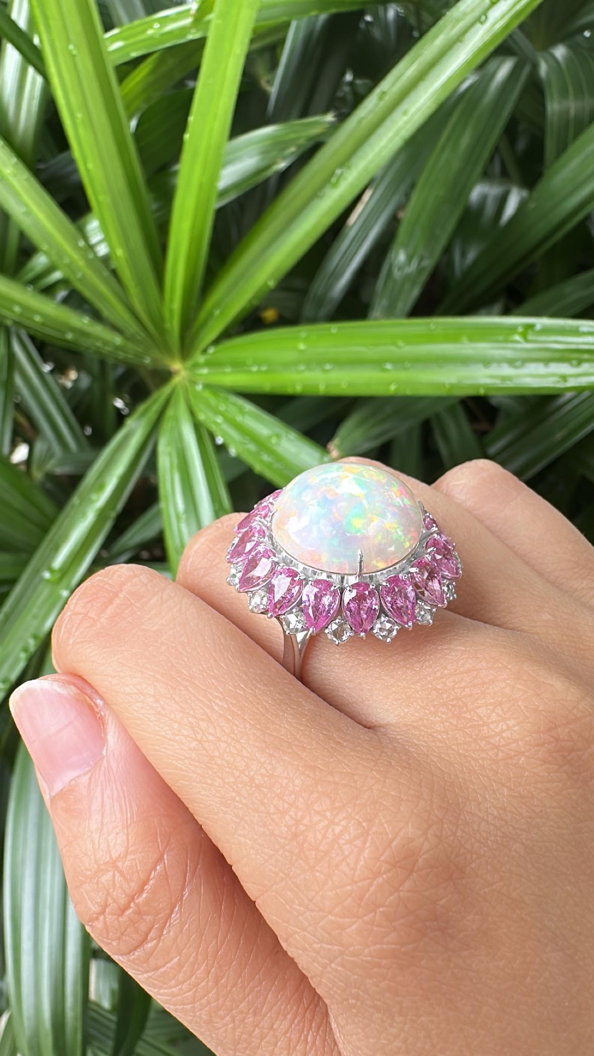 Set in 18K Gold, Ethiopian Opal, Pink Sapphires & Rose Cut Diamonds Dome Ring For Sale 5