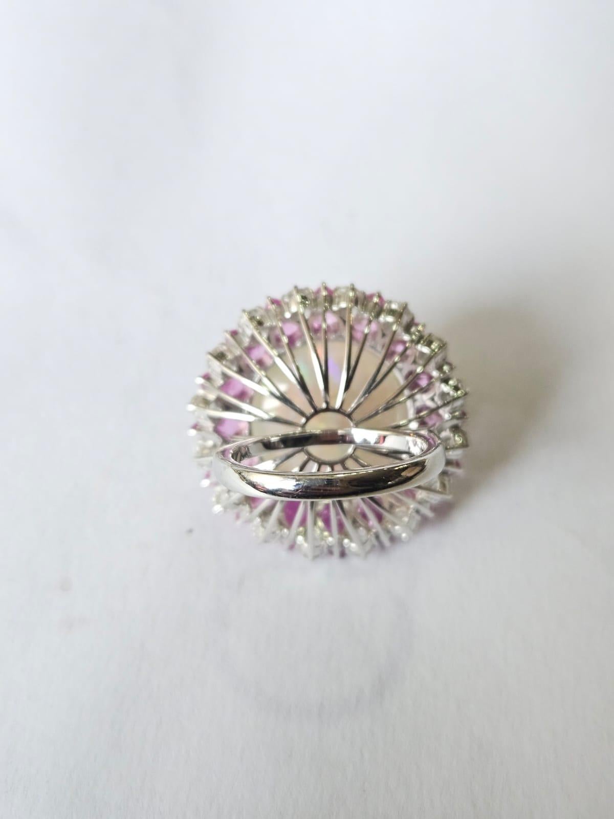 Modern Set in 18K Gold, Ethiopian Opal, Pink Sapphires & Rose Cut Diamonds Dome Ring For Sale