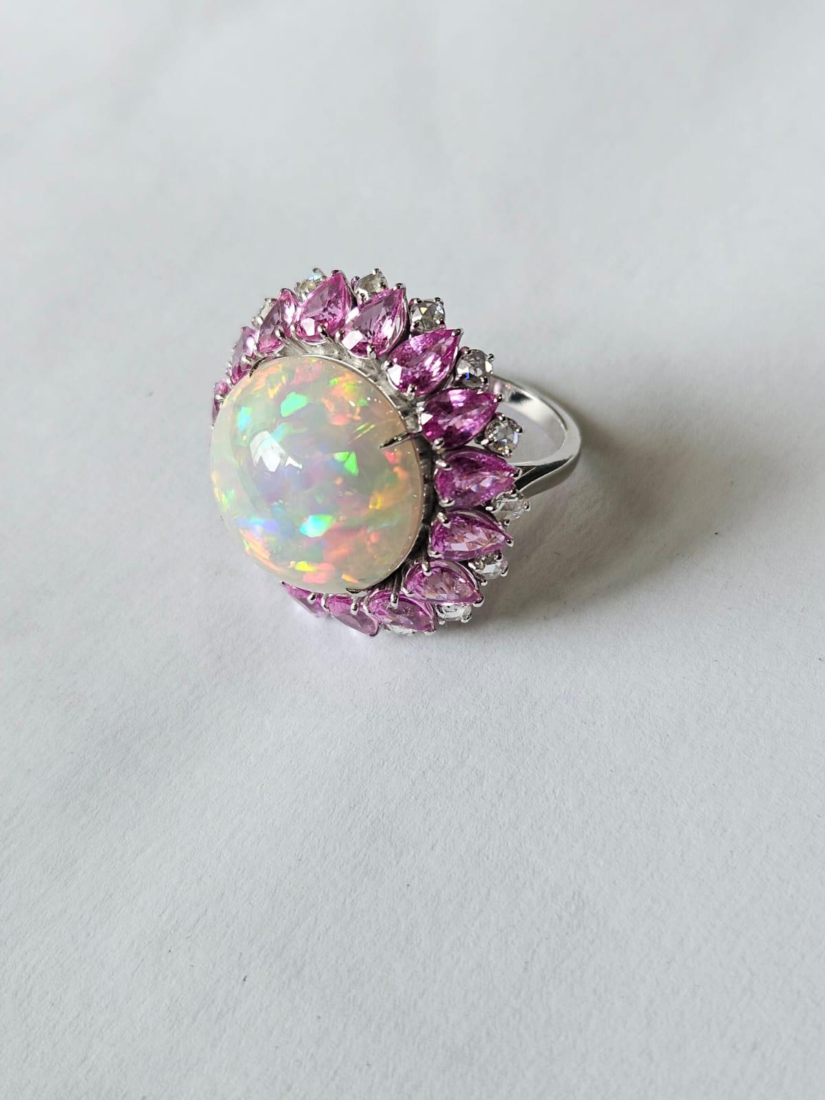 Set in 18K Gold, Ethiopian Opal, Pink Sapphires & Rose Cut Diamonds Dome Ring In New Condition For Sale In Hong Kong, HK