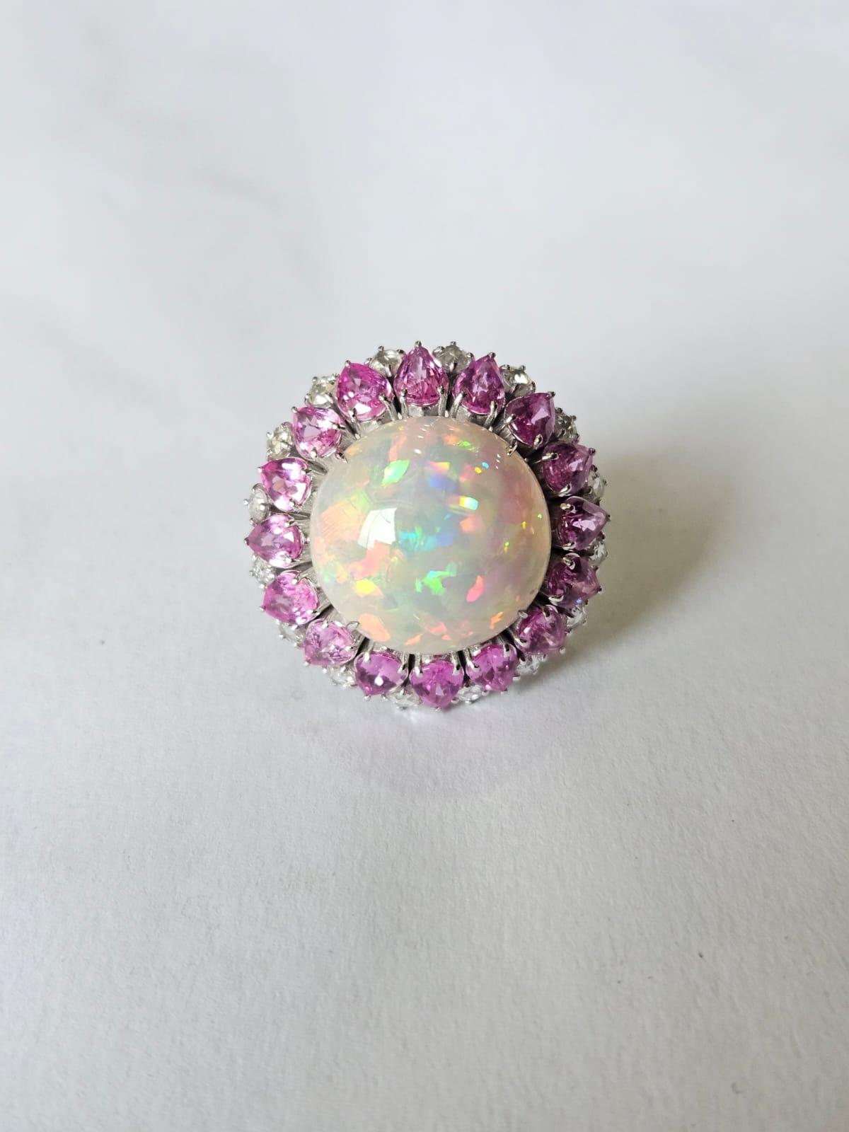 Women's or Men's Set in 18K Gold, Ethiopian Opal, Pink Sapphires & Rose Cut Diamonds Dome Ring For Sale