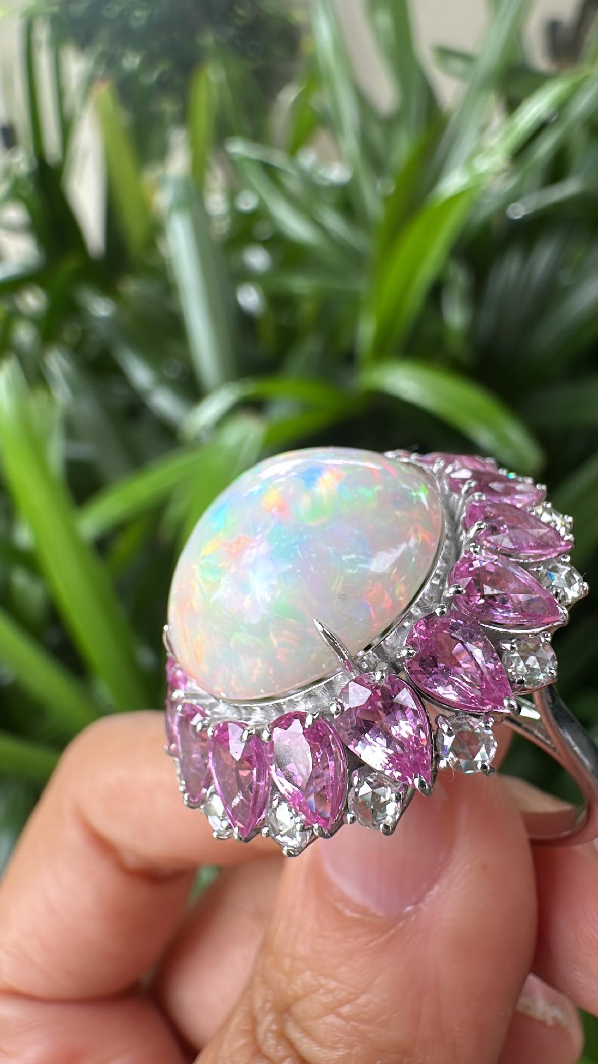 Set in 18K Gold, Ethiopian Opal, Pink Sapphires & Rose Cut Diamonds Dome Ring For Sale 1