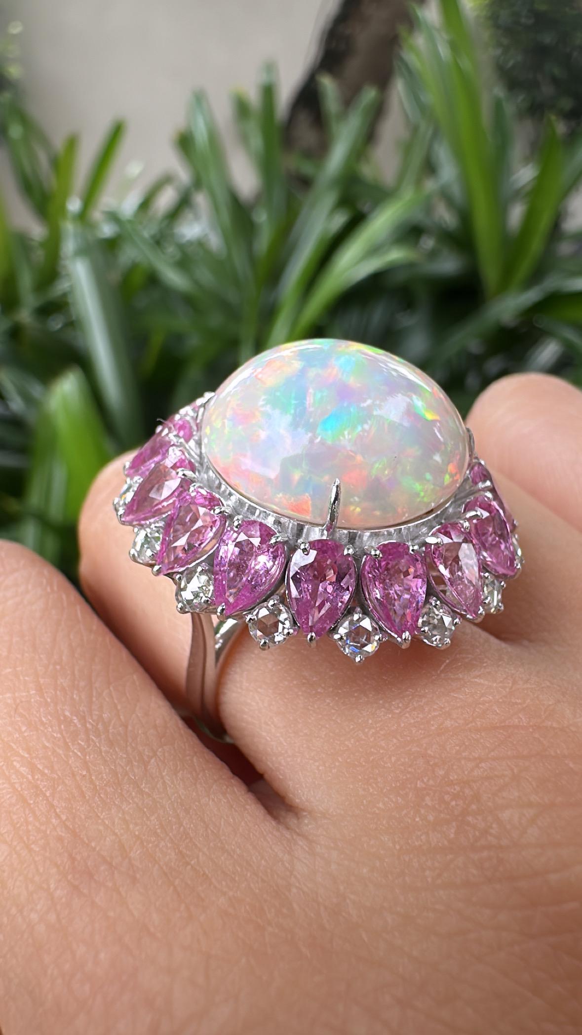 Set in 18K Gold, Ethiopian Opal, Pink Sapphires & Rose Cut Diamonds Dome Ring For Sale 2