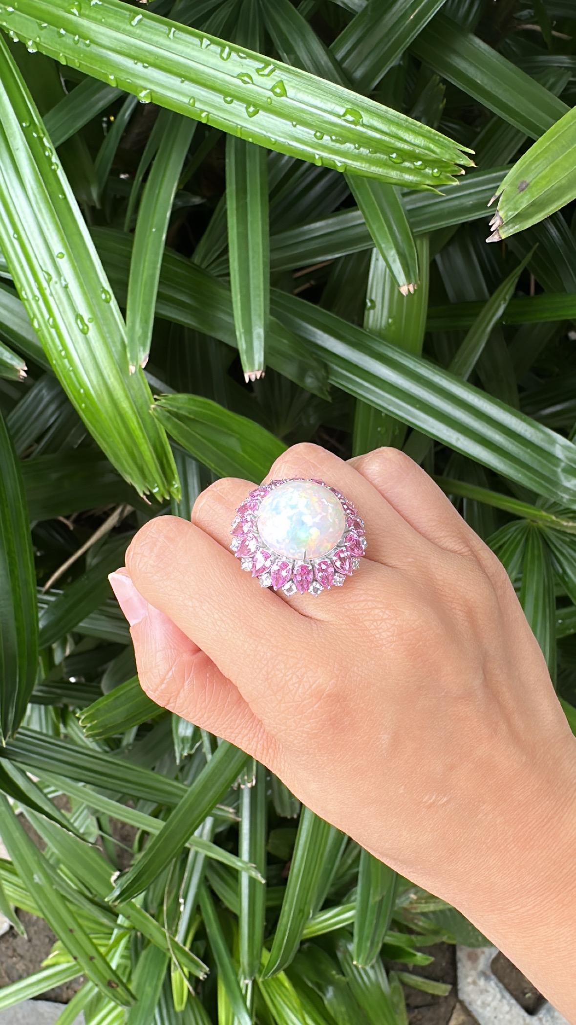 Set in 18K Gold, Ethiopian Opal, Pink Sapphires & Rose Cut Diamonds Dome Ring For Sale 3