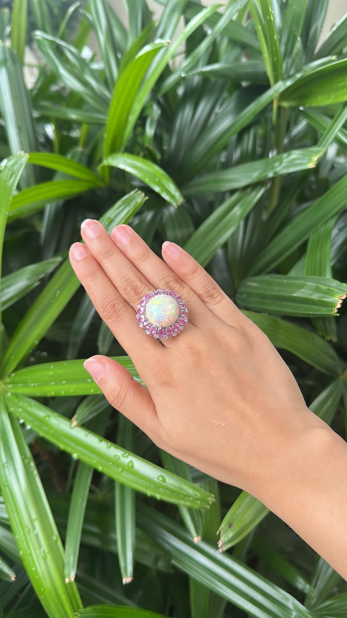 Set in 18K Gold, Ethiopian Opal, Pink Sapphires & Rose Cut Diamonds Dome Ring For Sale 4