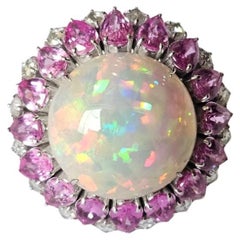 Set in 18K Gold, Ethiopian Opal, Pink Sapphires & Rose Cut Diamonds Dome Ring