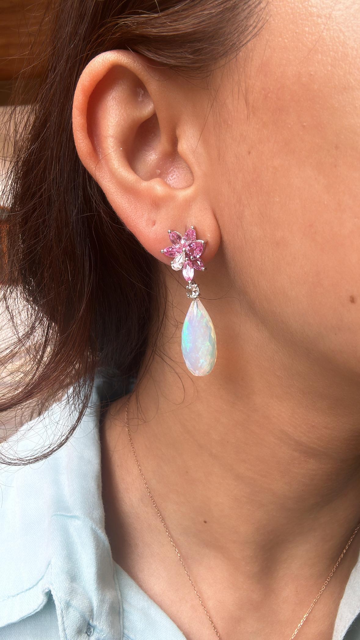 Boucles d'oreilles pendantes en or 18 carats, opale d'Éthiopie, saphirs roses et diamants taille rose en vente 4