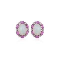 Set in 18K Gold, Ethiopian Opal, Pink Sapphires & Rose Cut Diamonds Stud Earring
