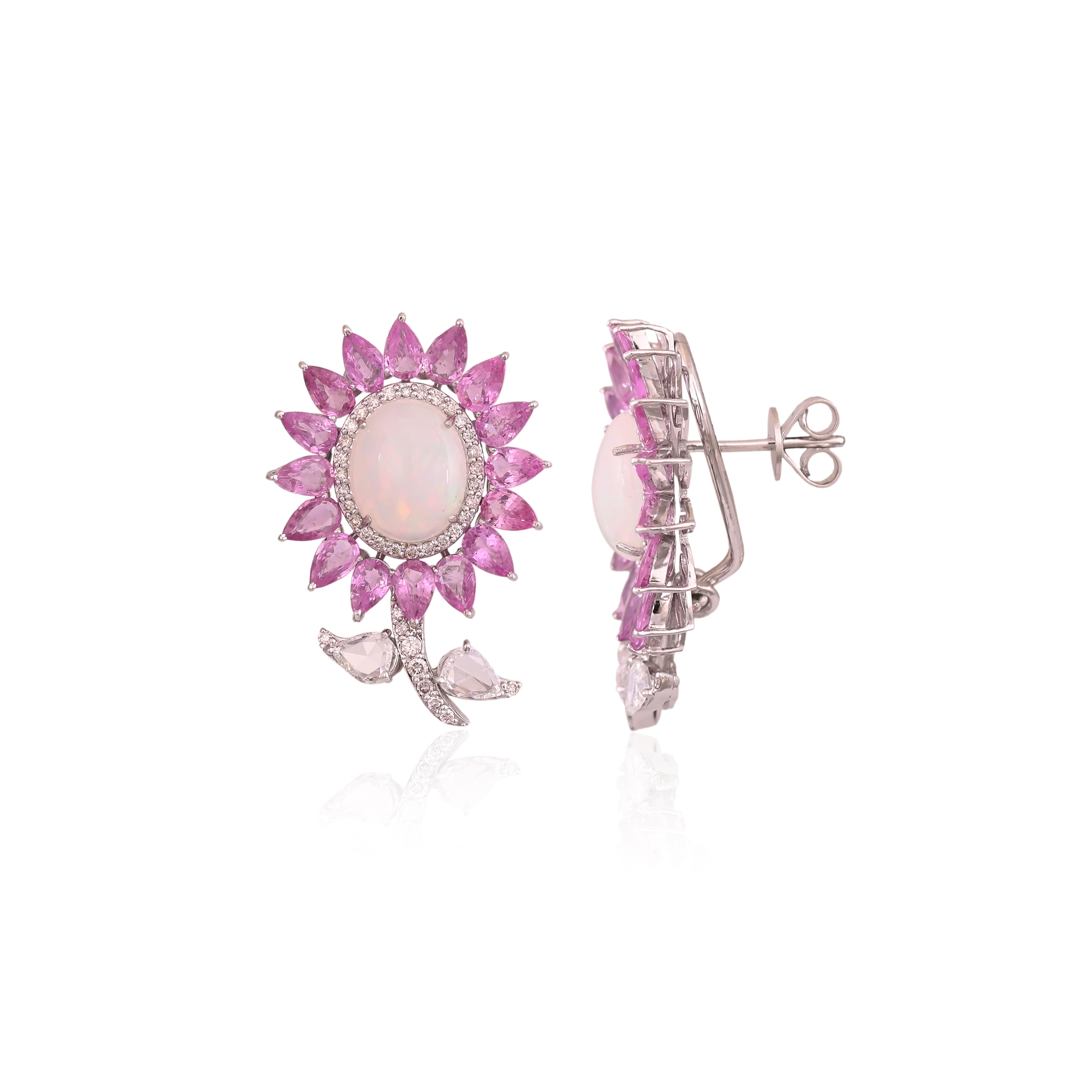 Art Deco Set in 18K Gold, Ethiopian Opal, Pink Sapphires & Rose Cut Diamonds Stud Earring