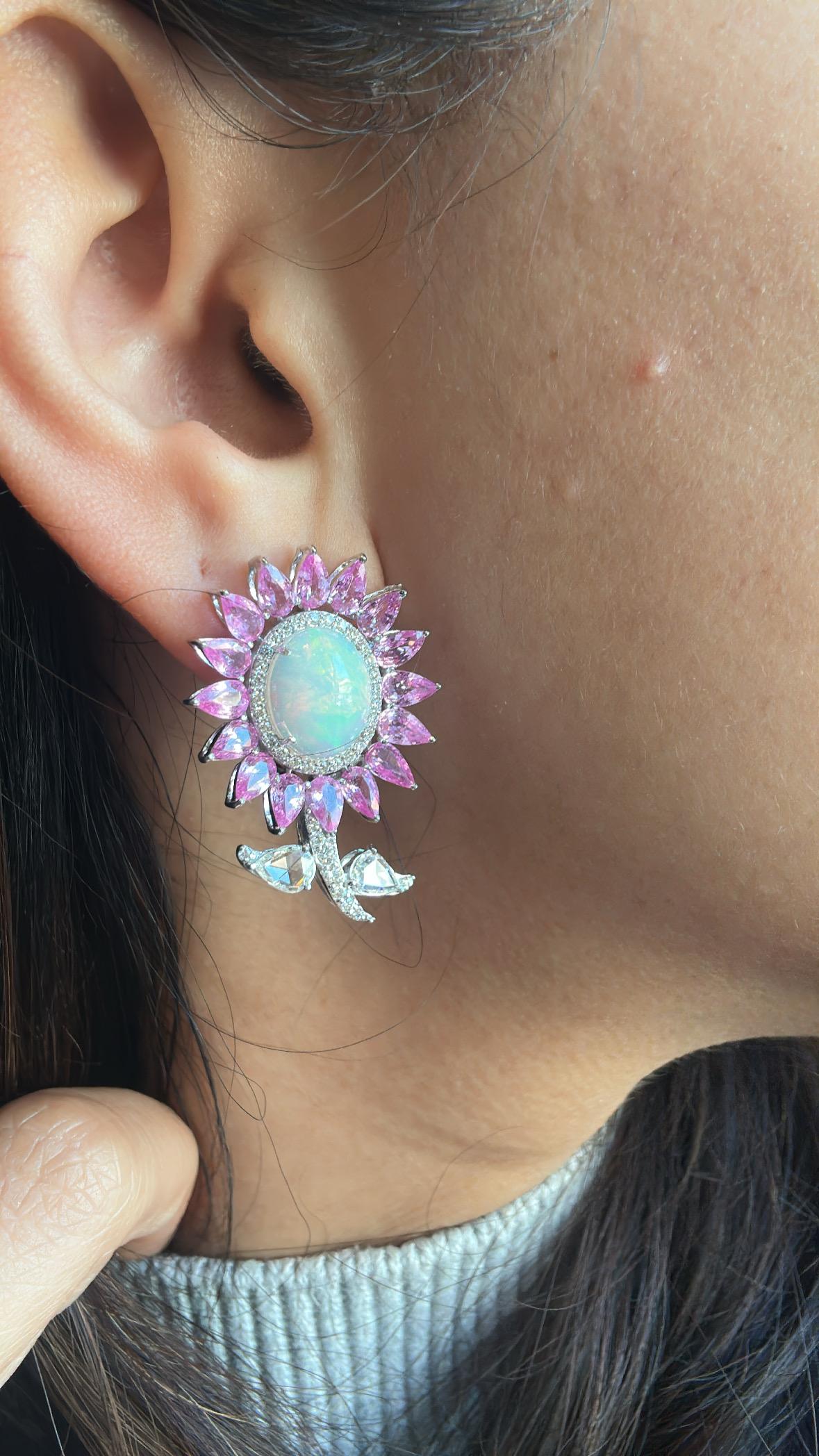 Set in 18K Gold, Ethiopian Opal, Pink Sapphires & Rose Cut Diamonds Stud Earring In New Condition For Sale In Hong Kong, HK