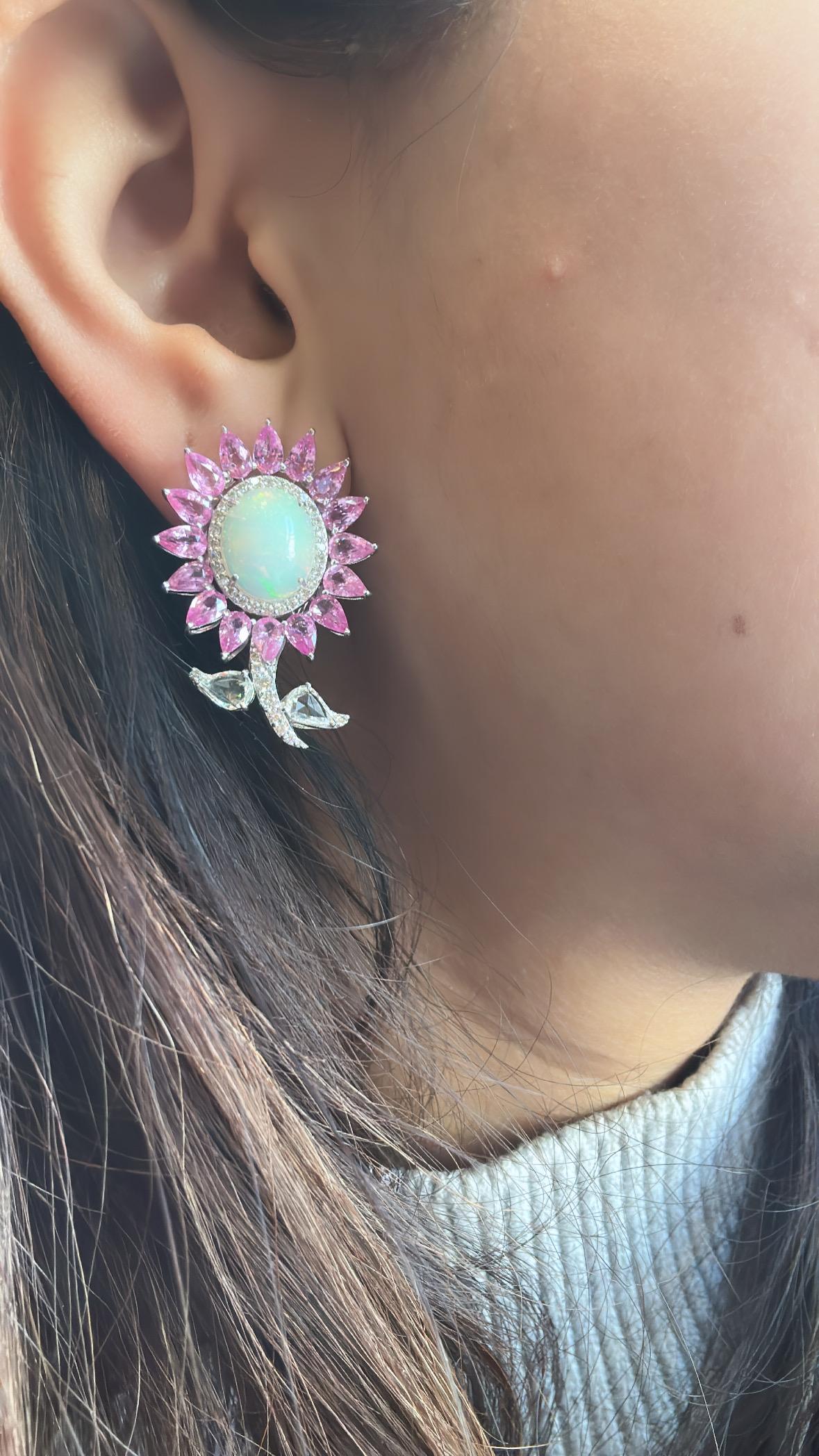Women's or Men's Set in 18K Gold, Ethiopian Opal, Pink Sapphires & Rose Cut Diamonds Stud Earring