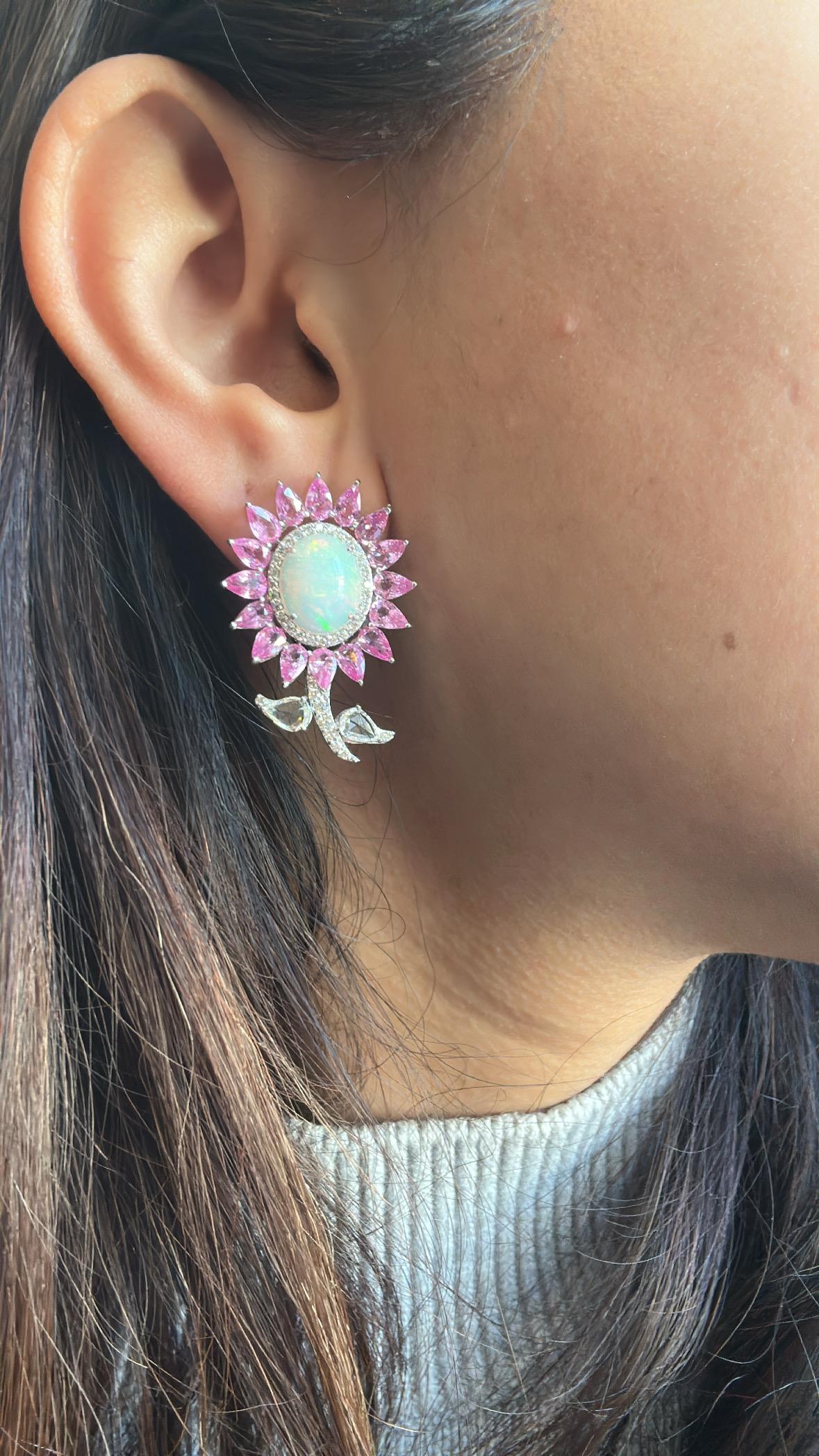 Set in 18K Gold, Ethiopian Opal, Pink Sapphires & Rose Cut Diamonds Stud Earring 1