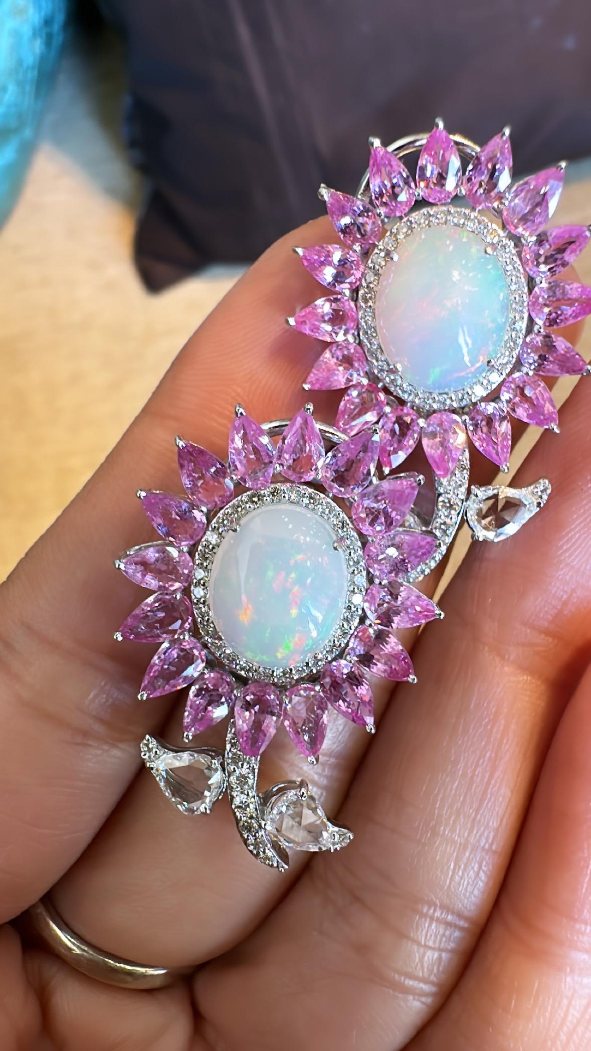 Set in 18K Gold, Ethiopian Opal, Pink Sapphires & Rose Cut Diamonds Stud Earring For Sale 2