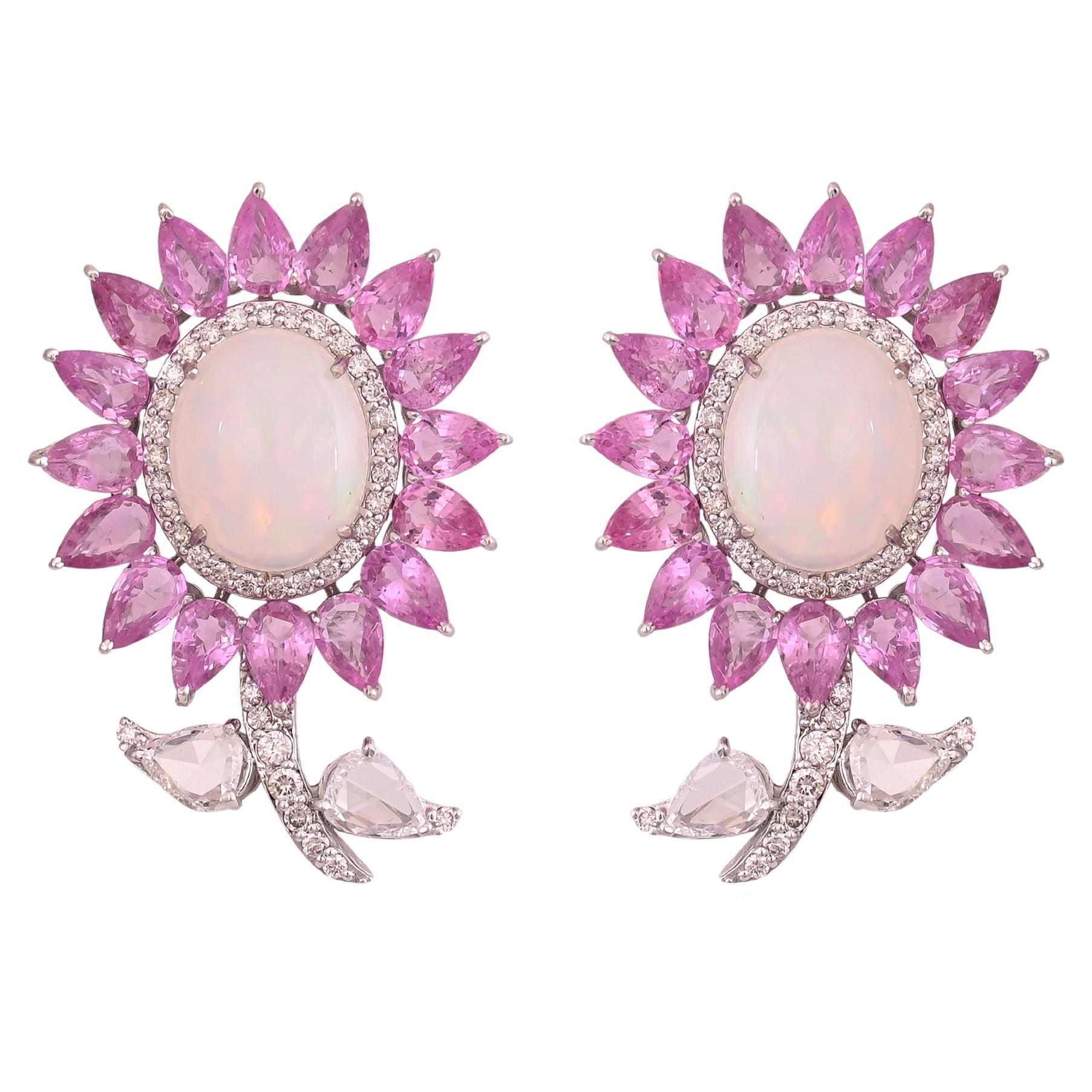 Set in 18K Gold, Ethiopian Opal, Pink Sapphires & Rose Cut Diamonds Stud Earring For Sale