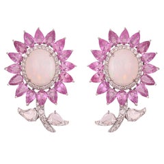 Set in 18K Gold, Ethiopian Opal, Pink Sapphires & Rose Cut Diamonds Stud Earring