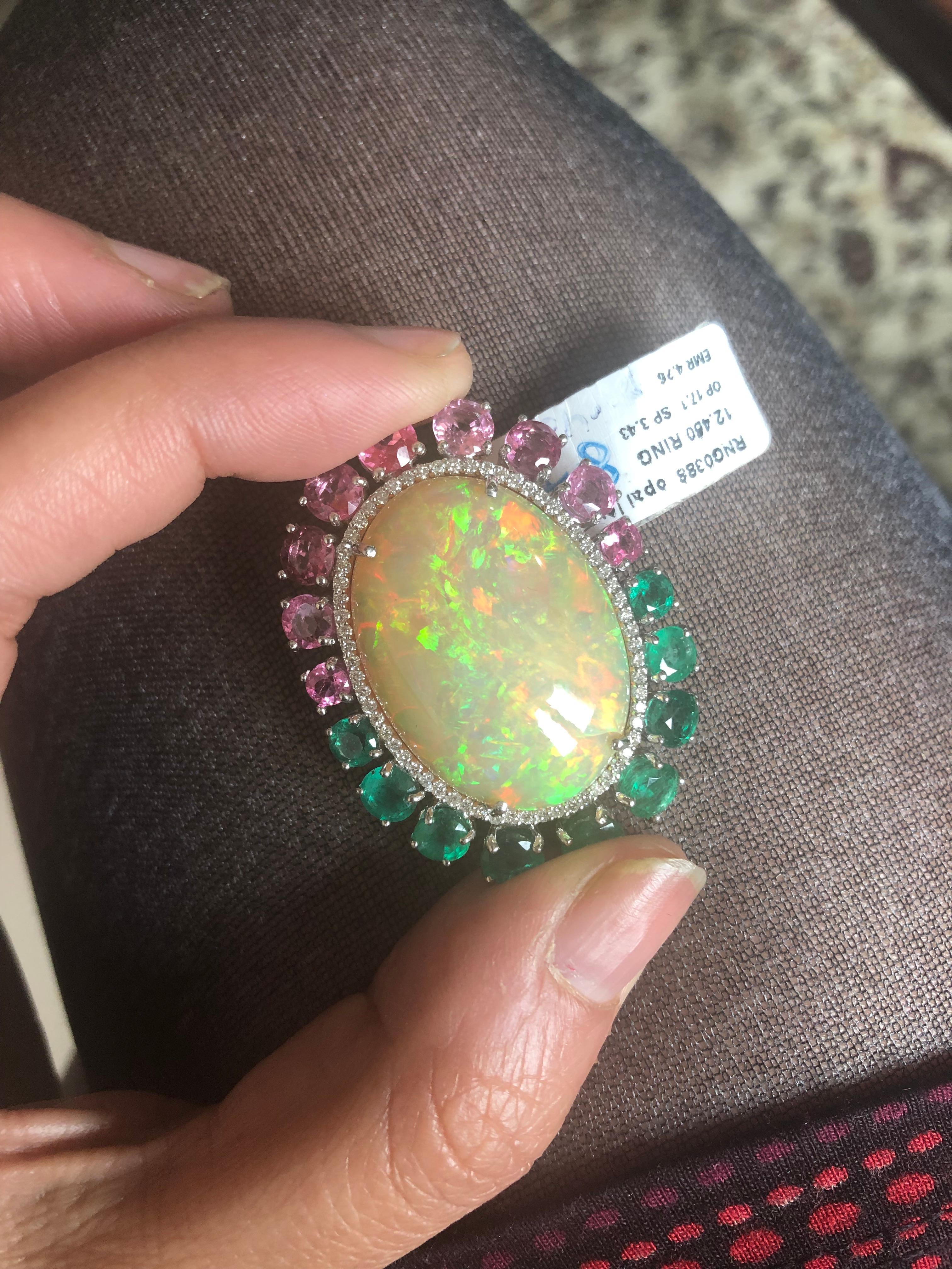 Oval Cut 18K gold, Ethiopian Opal, Spinel and Emerald and diamond Pendant 