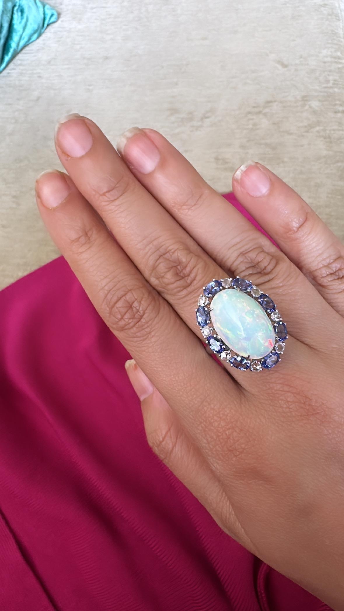 Set in 18K Gold, Ethiopian Opal, Tanzanite & Diamonds Cocktail Engagement Ring For Sale 1