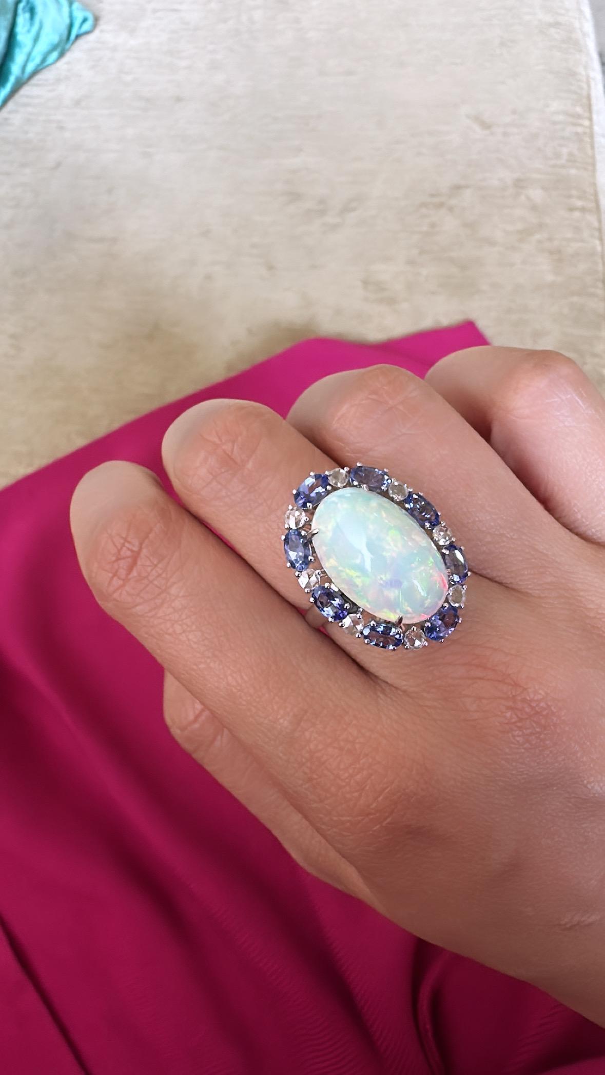 Set in 18K Gold, Ethiopian Opal, Tanzanite & Diamonds Cocktail Engagement Ring For Sale 2
