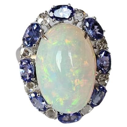 Set in 18K Gold, Ethiopian Opal, Tanzanite & Diamonds Cocktail Engagement Ring For Sale