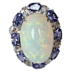 Set in 18K Gold, Ethiopian Opal, Tanzanite & Diamonds Cocktail Engagement Ring