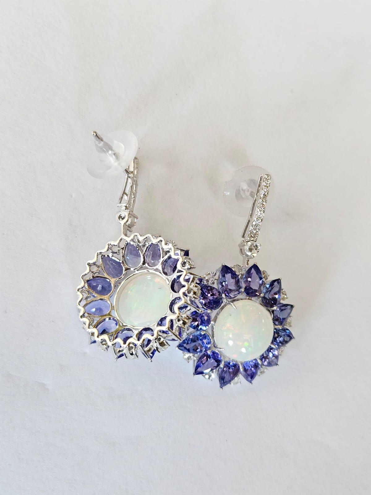 Modern Set in 18K Gold, Ethiopian Opal, Tanzanite & Rose Cut Diamonds Dangle Earrings For Sale