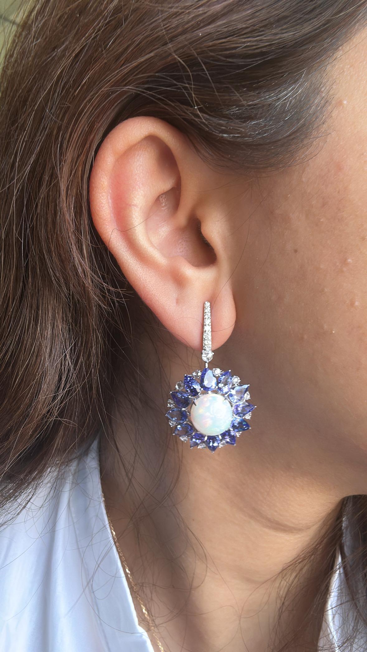 Women's or Men's Set in 18K Gold, Ethiopian Opal, Tanzanite & Rose Cut Diamonds Dangle Earrings For Sale