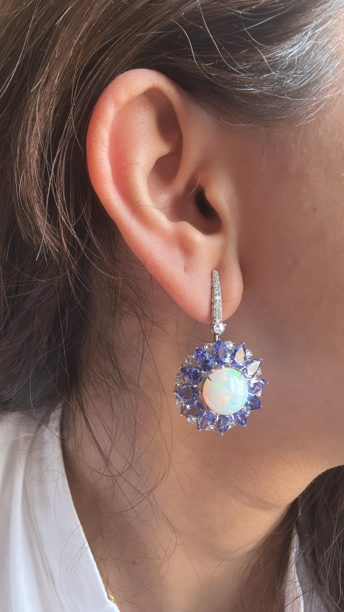 Set in 18K Gold, Ethiopian Opal, Tanzanite & Rose Cut Diamonds Dangle Earrings For Sale 1