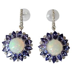 Set in 18K Gold, Ethiopian Opal, Tanzanite & Rose Cut Diamonds Dangle Earrings