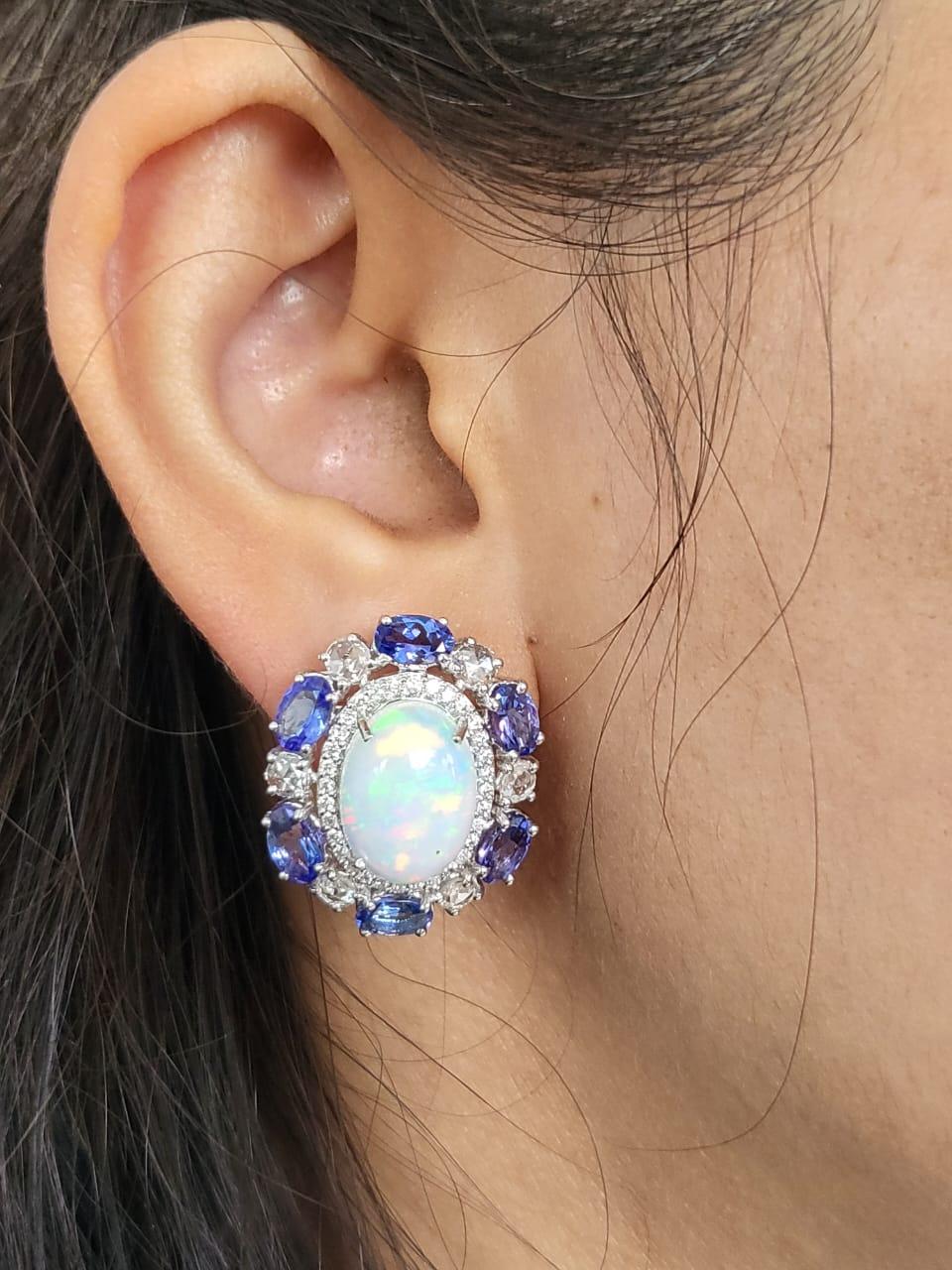 Modern Set in 18k Gold, Ethiopian Opal, Tanzanite & Rose Cut Diamonds Stud Earrings