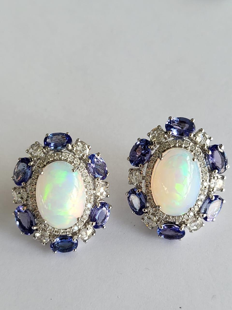 Set in 18k Gold, Ethiopian Opal, Tanzanite & Rose Cut Diamonds Stud Earrings 1