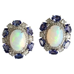 Set in 18k Gold, Ethiopian Opal, Tanzanite & Rose Cut Diamonds Stud Earrings