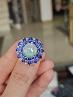Set in 18K Gold, Ethiopian Opal, Tanzanites & Rose Cut Diamonds Cocktail Ring