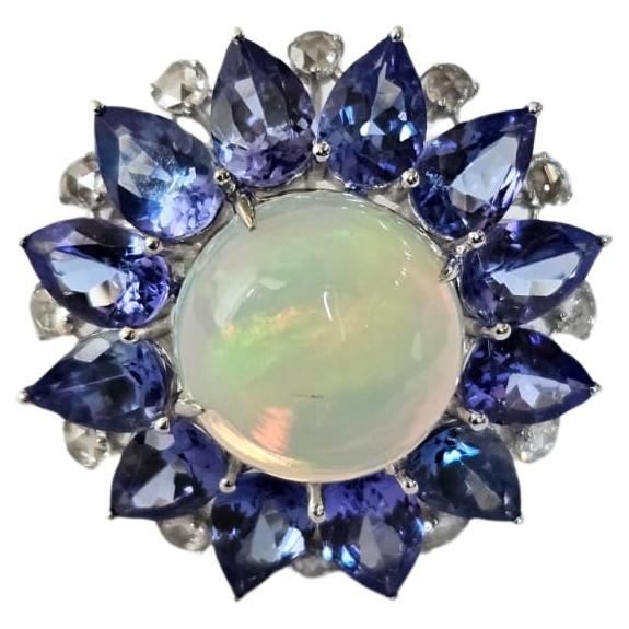 Set in 18K Gold, Ethiopian Opal, Tanzanites & Rose Cut Diamonds Cocktail Ring