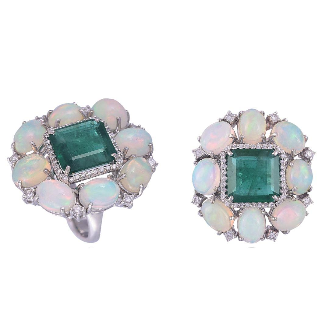 Art Deco Set in 18 Karat Gold, Ethiopian Opal, Zambian Emerald and Diamond Cocktail Ring