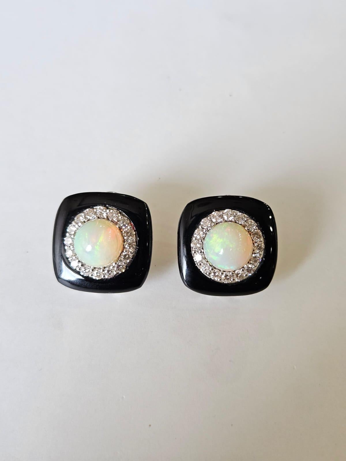Orecchini con perno in oro 18 carati, opali etiopi, onice nero e diamanti Art Deco in vendita 7